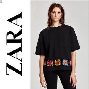Zara Oversized Black T w/Granny Square Panel (L)